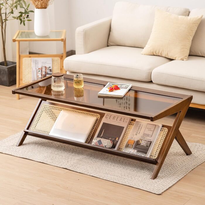 Скляний журнальний столик, 120 x 56 x 44 см, сучасний прямокутний журнальний столик, що підходить для вітальні, квартири та тераси, темний горіх