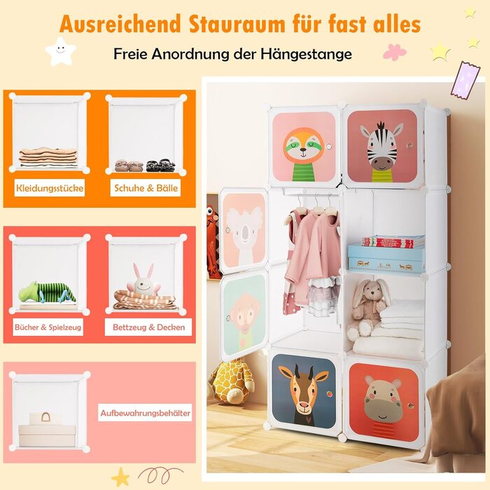 Дитяча шафа COSTWAY, система полиць з 8 кубиками, розширювана дитяча полиця, пластикова шафа для зберігання з дверцятами та вішалками для дитячої кімнати/спальні (біла, 8 кубиків) 8 кубиків білий