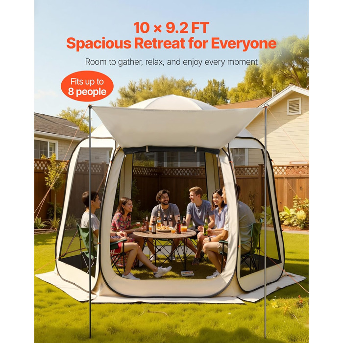 Намет-будинок VEVOR, 3 x 2,8 м, 4-8 осіб, розкладний намет для забезпечення приватності, портативний, екранований, з сумкою для перенесення, сітчастими бортами, кілками для землі, для саду, патіо, заднього двору, активного відпочинку на свіжому повітрі, б