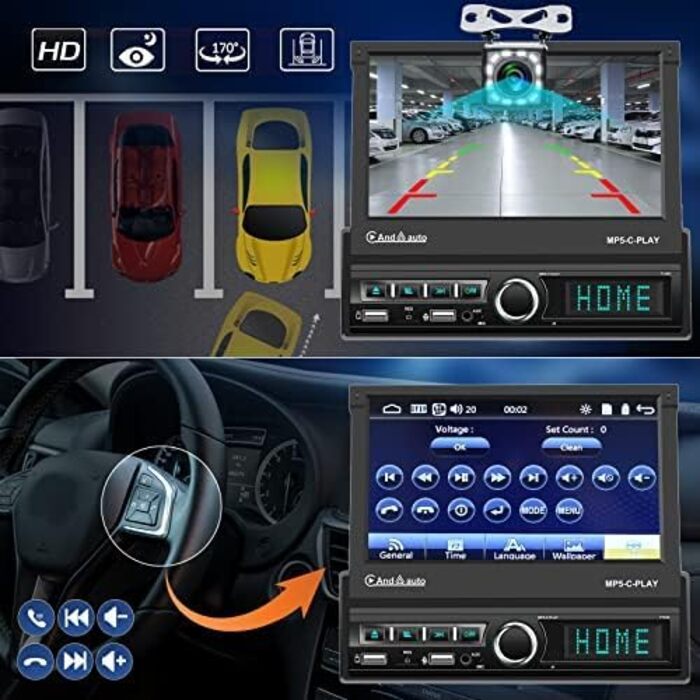 Автомагнітола Bluetooth з екраном, 7-дюймовий автоматично висувний відкидний дисплей Автомагнітола з Bluetooth/AUX/USB/TF/Mirror Link P1 1 Din Автомагнітола, 1 Din