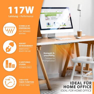 Інфрачервоний настільний обігрівач 36x45 см нагрівальна пластина 117 Вт для робочого місця, офісу, домашнього офісу, касових апаратів, стійок рецепції, інформаційних стійок, кріплення під стіл, магнітний тримач