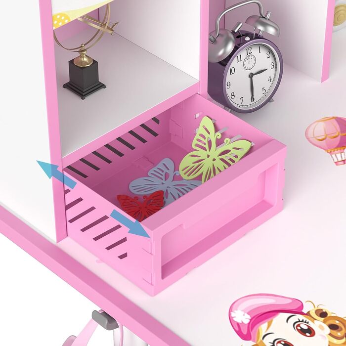 Комплект письмового столу та стільця для дітей віком від 3 до 18 років, дитячий художній стіл з регульованою висотою для дівчаток та хлопчиків, ергономічний дитячий стіл з шухлядою, рожева книжкова полиця