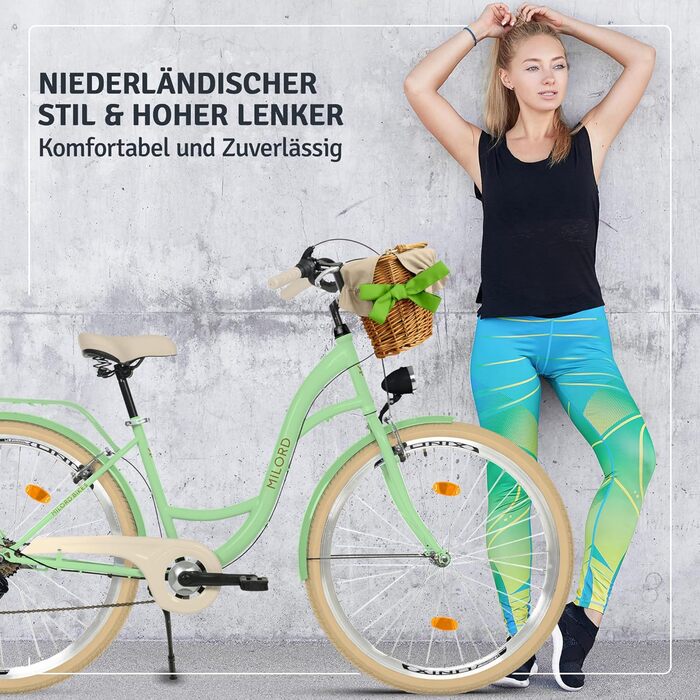 Велосипед Milord Comfort з плетеним кошиком, голландський велосипед, жіночий велосипед, міський велосипед, вінтажний, 26 дюймів, м&39ятно-кремовий, 7 швидкостей, зелений