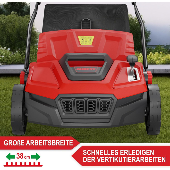 В-1 Електричний Вертикуттер 1800 Вт Ширина захоплення 38 см Обєм травозбірника 45 л з Вертикутуючим та Аераційним Валками для Видалення Моху/Бурянів та Покращення Повітряного Обміну Газону, 2-