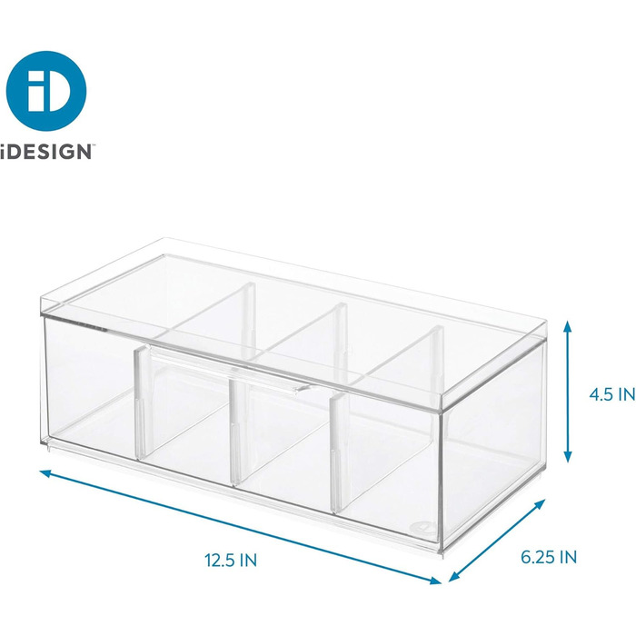 Коробка для зберігання чайних пакетиків iDesign, відділення для зберігання чаю з 4 відділеннями, пластикова кришка та функція висувного ящика, штабельована коробка для чаю з регульованими роздільниками, прозора