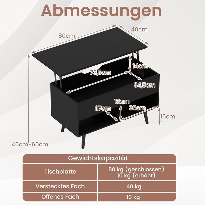 Журнальний столик COSTWAY з регульованою висотою, диван-столик з підйомною стільницею та 2 відкритими полицями, розсувний дерев&39яний журнальний столик для вітальні, офісу, 80 x 40 x 46-60 см (чорний)