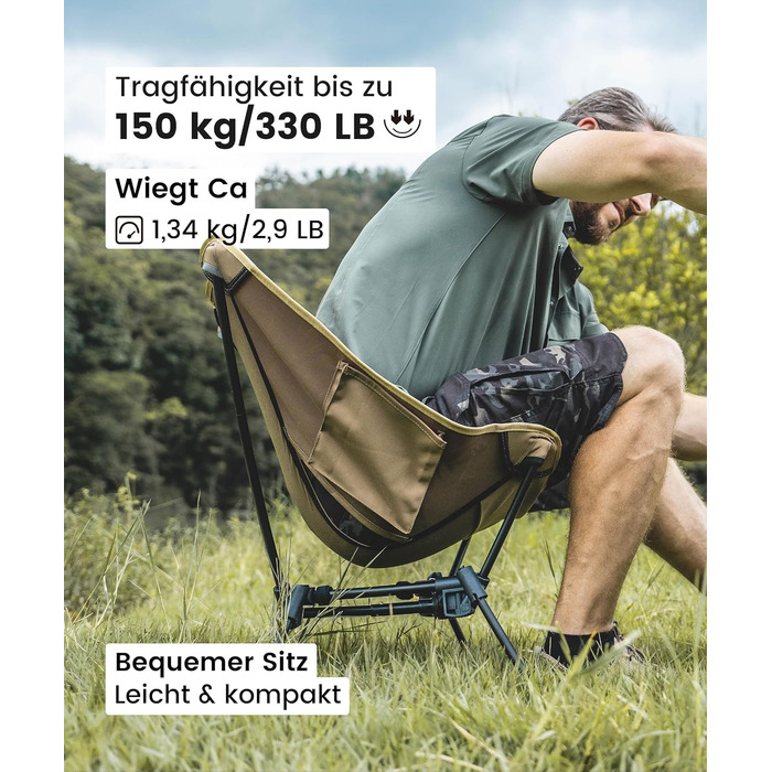 Складаний кемпінговий стілець OneTigris TIGERBLADE, вантажопідйомність 150 кг, легка трикутна рама, надлегкий складний стілець з 2 боковими кишенями для активного відпочинку та походів, колір койот-коричневий