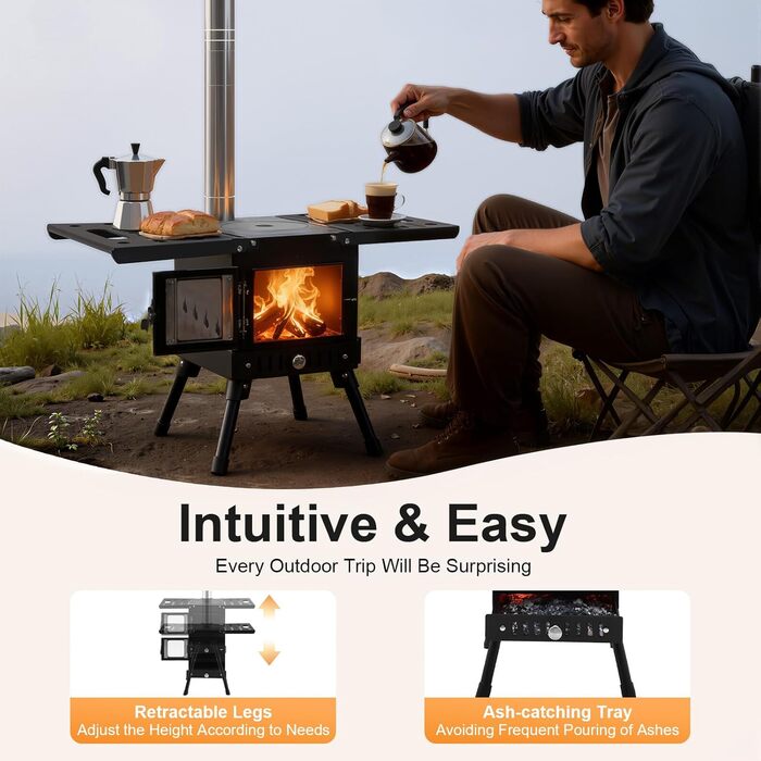 Складана кемпінгова дров&39яна піч, наметова піч, портативна наметова плита, кемпінгова піч з димоходом, садова піч, вулична піч, кемпінгова піч, міні-дров&39яна піч з регульованою висотою 36-56 см, для активного відпочинку на свіжому повітрі