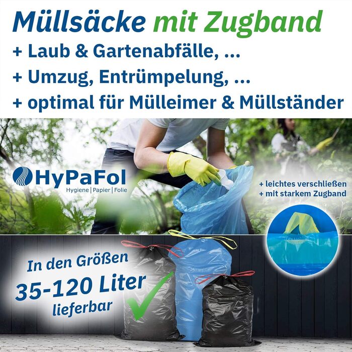 Сміттєві пакети Hypafol Тип 60 зі шнурком, 120 л Пакети для сміття для дому, саду та промисловості Надзвичайно міцні та стійкі до розривів Сині надміцні сміттєві пакети з високоякісного матеріалу 125 шт. (25 шт. в упаковці) 120 літрів