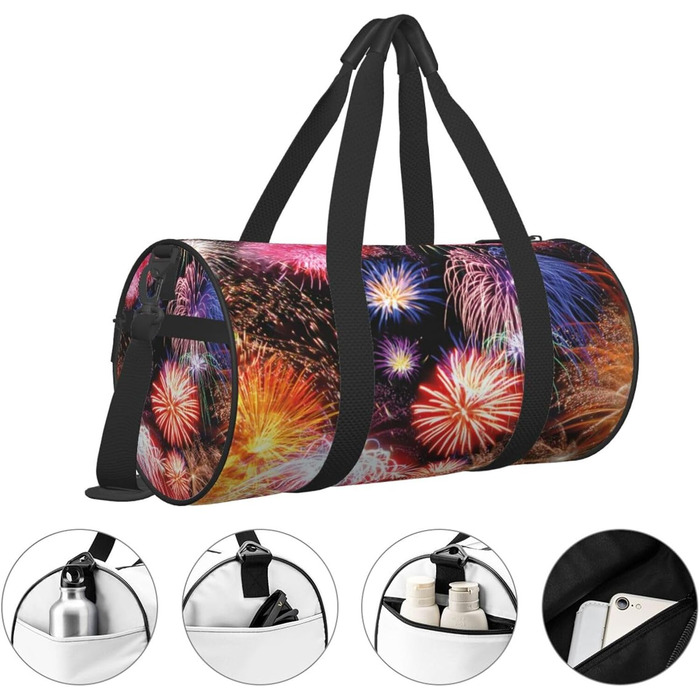 Спортивна сумка, дорожня сумка, стильний принт Феєрверк, сумка для подорожей на ніч, чорна, універсальний розмір