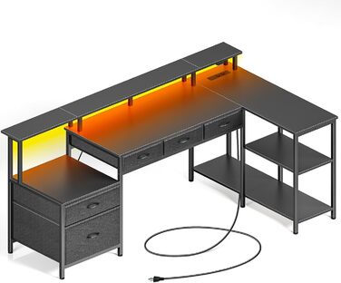 Г-подібний стіл Rolanstar з шухлядами, двосторонній ігровий стіл з розеткою, світлодіодним освітленням та підставкою для монітора, комп&39ютерний стіл 163 см для офісу, кабінету, спальні, чорний