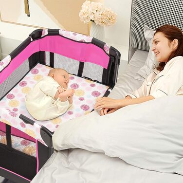 Складане дорожнє ліжечко FANTASK 4-в-1 до 15 кг, мобільна колиска, приліжкове ліжечко, пеленальний столик та манеж, дитяче ліжечко з регульованою висотою на 2 рівнях з сумкою для перенесення, матрацом та музичним мобільним пристроєм