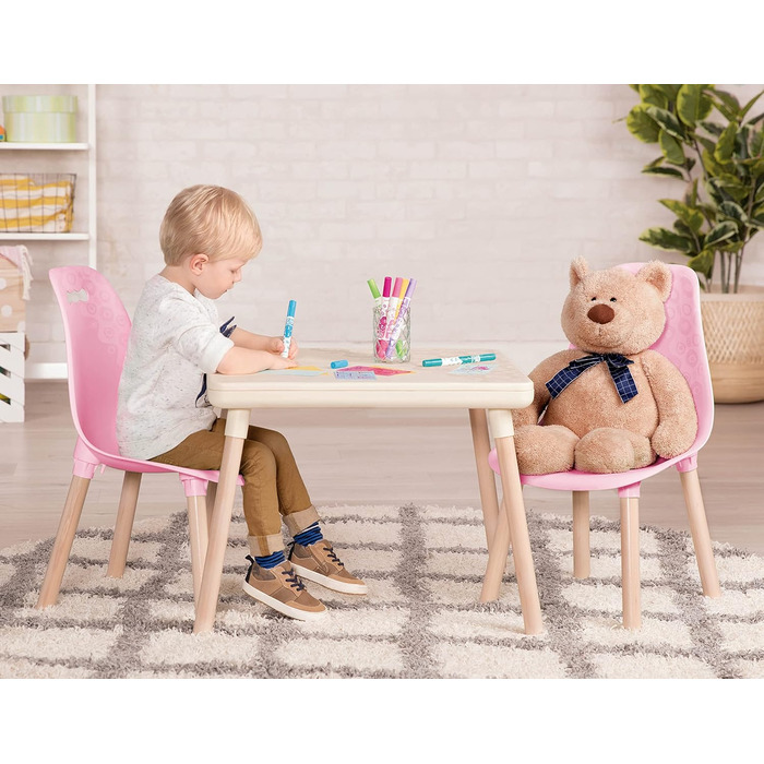 В. простору дитячий стіл з 2 стільцями, дитяча сидяча група - 1 стіл і 2 дитячі стільці з дерев'яними ніжками для дітей від 3 рокі