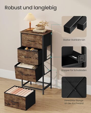 Комод SONGMICS, шафа, 4 тканинні шухляди, шафа для зберігання, сталь, МДФ, неткане полотно, для спальні, коридору, вітальні, вінтажний коричневий-чорний LGS314BH04 4 шухляди вінтажний коричневий чорнильний