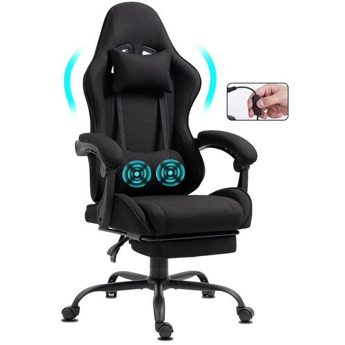 Ігрове офісне крісло Delman з тканини з USB-масажем (2 точки), ергономічне геймерське крісло з підставкою для ніг, регульована спинка до 135, металева основа Серія 02-0040 Чорний