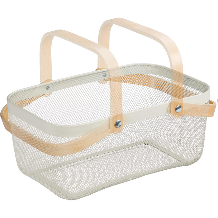 Дротяний кошик Relaxdays з ручкою, квадратний, кошик для зберігання з металу та дерева, кошик для посуду для кухні, ванної кімнати, вітальні, білий