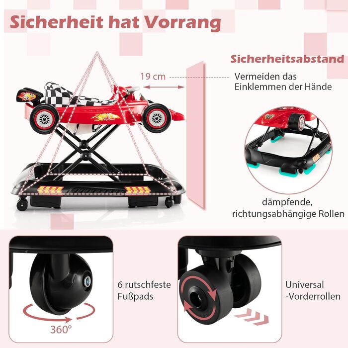 Складані дитячі ходунки, дизайн гоночного автомобіля, з 3 регульованими висотами, знімним музичним підносом та сидінням, допоміжний пристрій для ходьби для малюків 6-14 місяців (червоні)