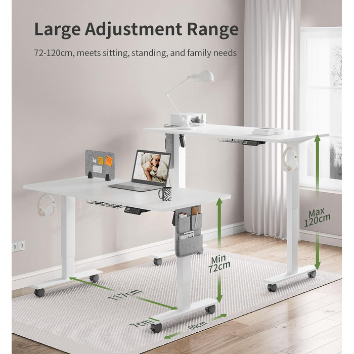 Письмовий стіл з регульованою висотою (140 x 70 см) Комп&39ютерний стіл з електричним регулюванням висоти, 4 режимами пам&39яті, дошкою для записів та колесами, що обертаються на 360 Стіл SN1 140 x 70 см Білий біла рама