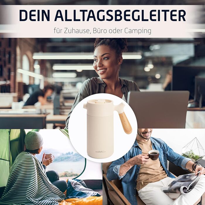 Френч-прес Friedewald Thermo - для кави та чаю - 1 л/8 чашок - для кемпінгу та дому - з подвійними стінками ізольований - Французький кавовий прес - Австрійська нержавіюча сталь - 8 год термоефектний крем/бежевий