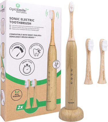 Електрична зубна щітка Optismile Bamboo Звукова зубна щітка Bamboo з акумуляторною потужністю Бамбукова ультразвукова зубна щітка з 5 модами та 2 бамбуковими головками, екологічно чиста та стійка