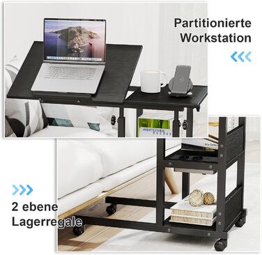 Приставний столик Hadulcet, С-подібний приставний столик з колесами, регульована стільниця, журнальний столик з розеткою, регульований по висоті диванний столик, столик для ноутбука для вітальні та спальні, чорний