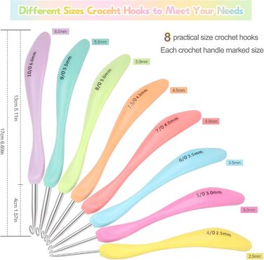 Набір вязальних гачків Katech з хвилястою ергономічною ручкою, 8 предметів, набір вязальних гачків, інструменти для плетіння з пряжі своїми руками для вязання шкарпеток, шапок, рукавичок і светрів (2,56,0 мм)