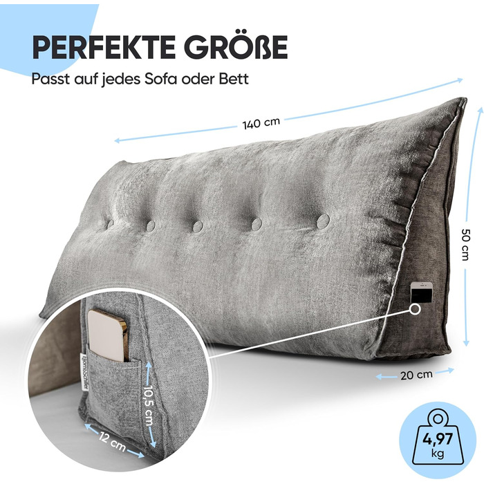 Подушка для спини Bjrn&Schiller - Подушка для читання для ліжка та дивана, клиноподібна подушка, подушка для спини на стіну, подушка для сидіння, настінна подушка, велика з чохлом, який можна прати (сіра, 140 см) сіра 140 см