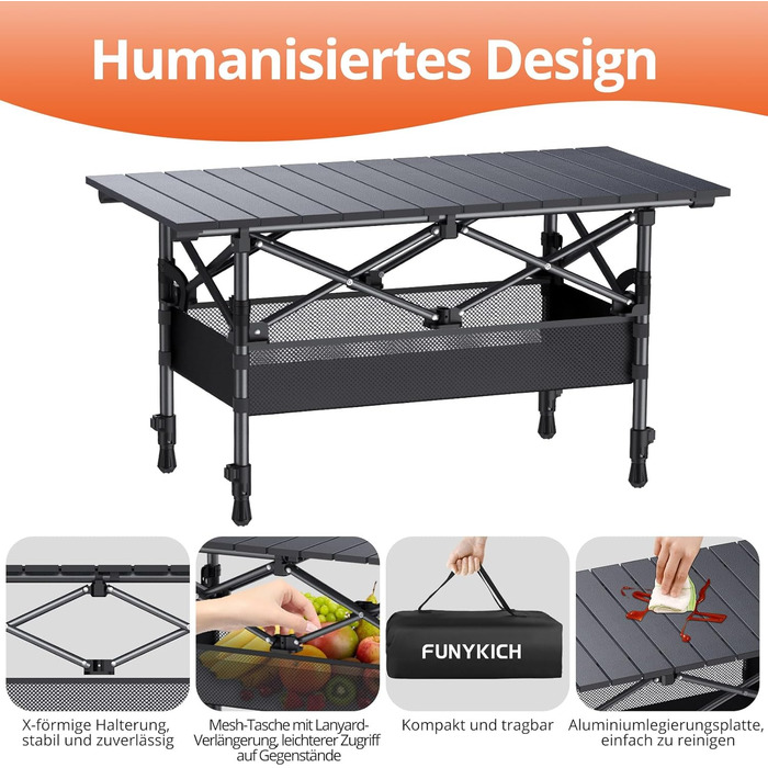 Складаний кемпінговий стіл FUNYKICH 82 x 40 см, Складаний стіл з 2 регулюваннями висоти (44/70 см), Легке складання, Портативний складаний стіл із сітчастою сумкою, Алюмінієва згортальна стільниця для барбекю, кемпінгу, вечірки, саду, 82 x 40 x 44/70 см