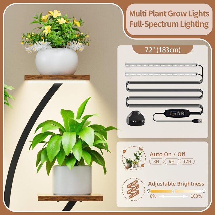 Підставка для рослин з лампою для вирощування - 8-ярусна підставка для квітів 126 см, полиця для рослин з металу та дерева - Квіткові драбини для приміщень та вулиці - Декоративна чорна квіткова підставка для балкону в приміщенні