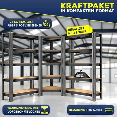 Комплект металевих стелажів MASKO з 3 предметів 1 кутова полиця та 2 стелажі, по 15 полиць кожен Полиця з МДФ панелей, вантажопідйомність 2625 кг, полиця для майстерні, полиця для підвалу, полиця для гаража, надміцні стелажі, стелаж без болтів, чорний