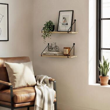 Настінна полиця Afuly, дерево, чорний метал, сільські полиці для стін, натуральний колір, ванна кімната, дитяча кімната, кухня, вітальня, комплект з 2 шт. , коричневий, 1,5 м завглибшки x 4,8 м завширшки