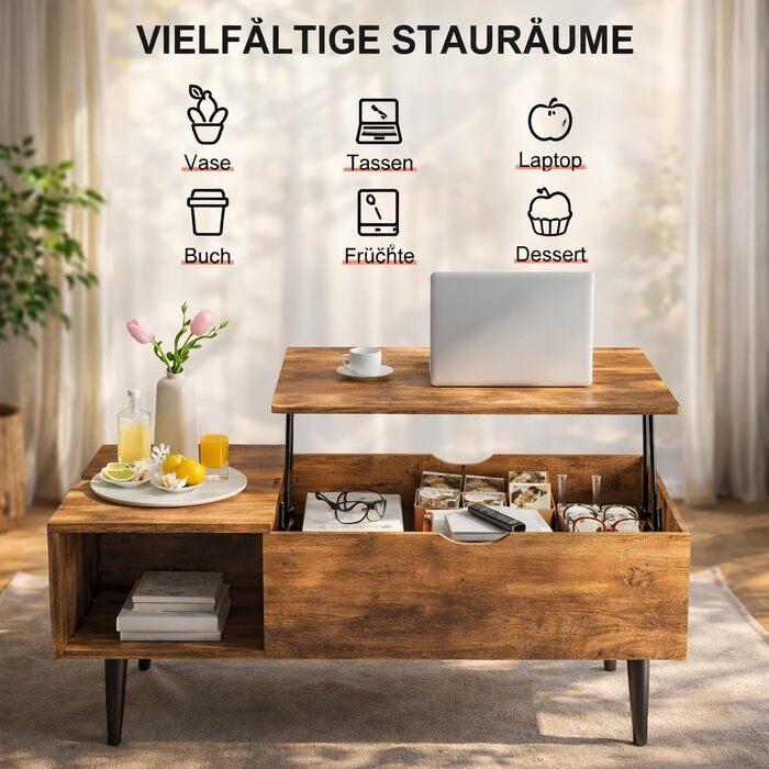 Журнальний столик DUMOS з регульованою висотою, якісний стіл для вітальні, журнальний столик, журнальні столики для вітальні, невеликі, сучасні дерев&39яні центральні столики з відділенням для зберігання та прихованим відділенням (колір дерева) коричневий