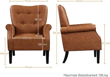 Сучасне крісло Yaheetech з вигнутою спинкою та дерев&39яними ніжками, м&39яке крісло-реклайнер, крісло для телевізора з підлокітниками, одномісний диван, комфортне сидіння, ретро-коричневий колір, поліуретан