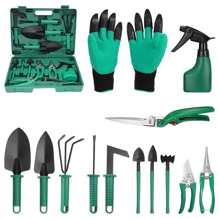 Набір садових інструментів Coolty, 13 предметів, з кейсом для зберігання ідеальний вибір для садівників (Зелений)
