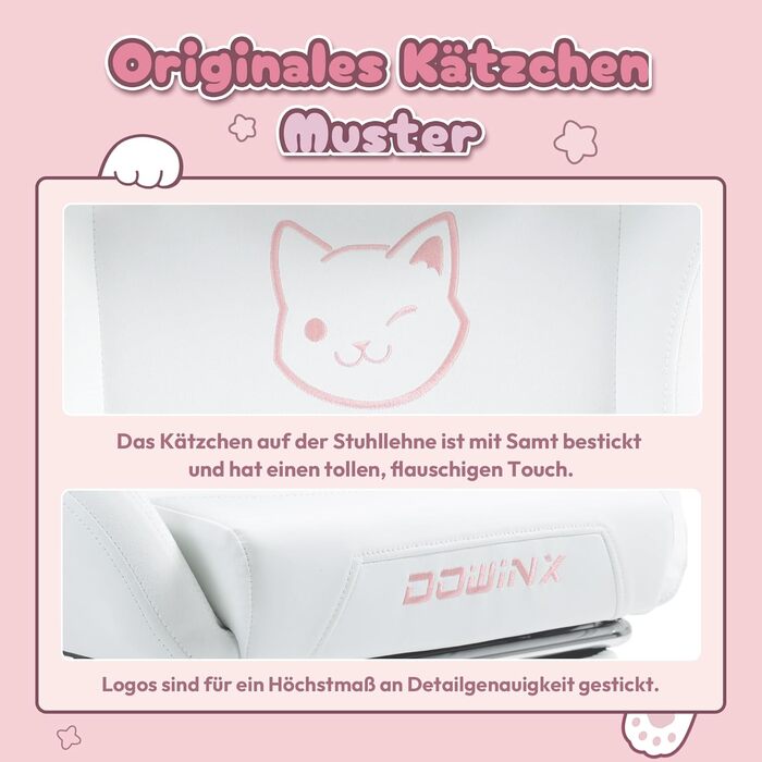 Ігрове крісло Dowinx - Видання &quotМилий кіт&quot - Ергономічне комп&39ютерне крісло з високою спинкою та поперековою опорою, шкіра синтетична, підставка для ніг, білий кіт, білосніжний
