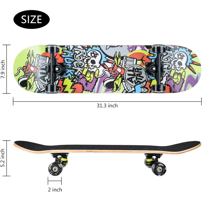 Повний скейтборд White-123 78.7 x 20.3 см - 8-шарова дека з клена, ABEC-11 підшипники, блискучі PU колеса, для дітей, підлітків та дорослих, білий дизайн