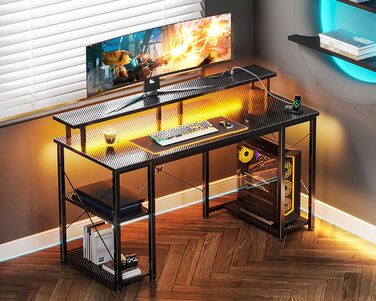 Ігровий стіл Coleshome зі світлодіодним освітленням, 120x50 см, ігровий стіл з 2 розетками та 2 USB-портами, комп&39ютерний стіл з підставкою для монітора та місцем для зберігання, стіл для домашнього офісу, чорний 120x50 см