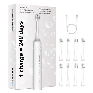 Електрична зубна щітка для дорослих з акумулятором до 240 днів роботи, 8 змінних насадок, акумуляторна, 3 режими чищення, таймер на 2 хвилини, водонепроникність IPX7, ідеальний подарунок для сім'ї, біла