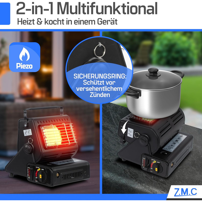 Портативний керамічний газовий обігрівач та плита ZMC 2-в-1 1,3 кВт, з підключенням для зрідженого газу 20 газових картриджів, кемпінгова плита з п&39єзорозпалом, кемпінговий обігрівач, газовий обігрівач для використання на вулиці, в наметах, на терасах, 