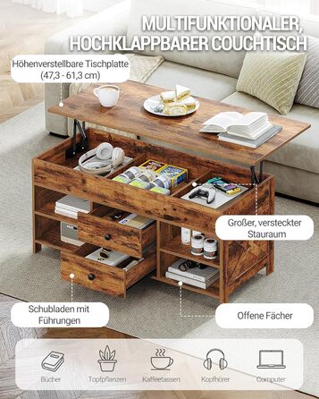 Журнальний столик Hzuaneri, стіл для вітальні з регульованою висотою, диван-столик, 2 шухляди та приховане місце для зберігання, 50 x 100 x 47,3-61,3 см, для вітальні, їдальні, офісу, вінтажний коричнево-чорний CT22101B