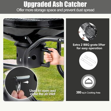 Мангал на вугіллі 57см з колесами, візок для барбекю на 2-6 осіб, піддон для вугілля з золовловлювачем, бічні полиці, гачки, зольн