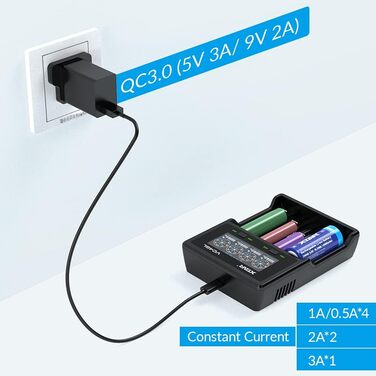 Зарядний пристрій XTAR VC4 Plus з адаптером QC3.0, одночасна зарядка літій-іонних та нікель-металгідридних акумуляторів, швидкий зарядний пристрій 3A, зарядний пристрій на 4 акумулятори VC4 PLUS