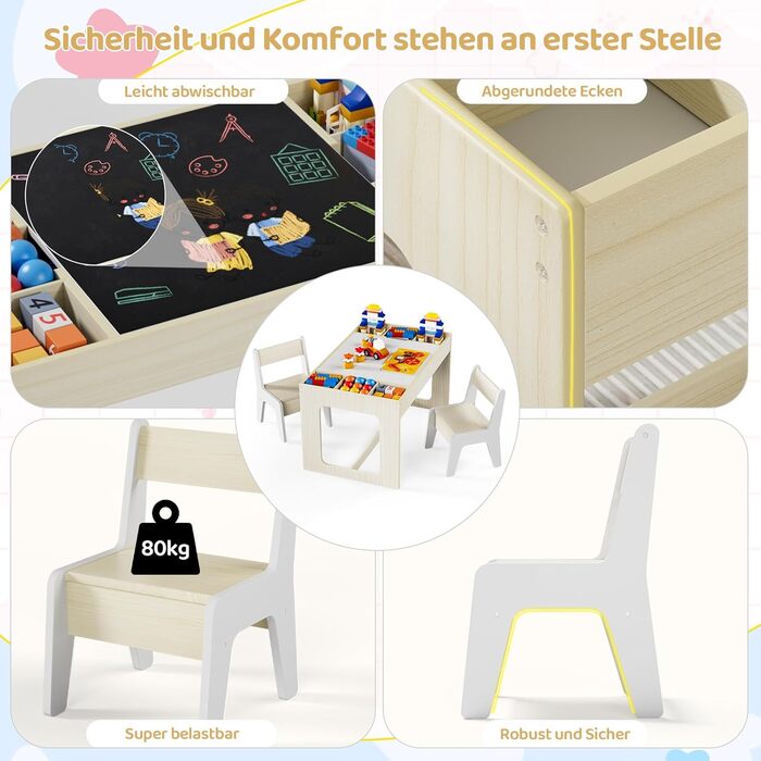 Дитячий комплект сидіння MAMIZO з місцем для зберігання, дитячий стіл з 2 стільцями, комплект дитячого столу та стільців з двосторонньою стільницею, дитячий стіл для дитячих кімнат та дитячих садків, вік 3, колір дерева з білим