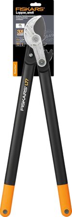 Садові секатори Fiskars PowerGear з механізмом передачі для сухого гілля та пагонів, з нарізним та тупим лезом, антипригарним покриттям, виготовлені з міцної інструментальної сталі, довжина 69 см, чорно-помаранчеві, L77, 1000583 L77 (діаметр гілок до 5 см