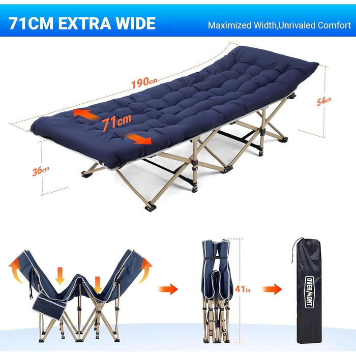 Розкладне похідне ліжко Overmont - Кемпінгове ліжко 190 x 71 x 36 см - Вантажопідйомність до 250 кг - Тканина Оксфорд 2400D з бічною кишенею та сумкою для перенесення для кемпінгу, саду, офісу, синього кольору, з матрацом ()