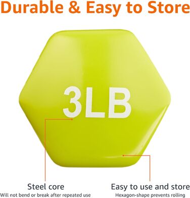 Гантелі Amazon Basics з вініловим покриттям – набір з 2 штук, 1,36 кг (3 lbs), нековзкі, для фітнесу та аеробіки
