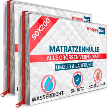 Захисний пластиковий чохол для матраців Доступний у 5 розмірах Водонепроникний та стійкий до розривів чохол для зберігання Для переміщення, зберігання та транспортування 90x200, упаковка з 2 шт. (90 x 200 см, 2 шт.)