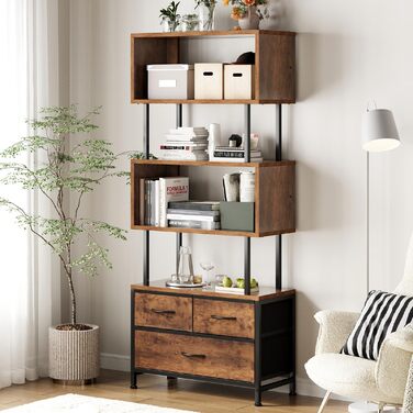 Ярусна книжкова полиця Coleshome, окремостояча полиця з 3 тканинними шухлядами, вузька полиця, підходить для спальні, офісу, вітальні, 60 x 24 x 155 см, вінтажні кольори, 5-