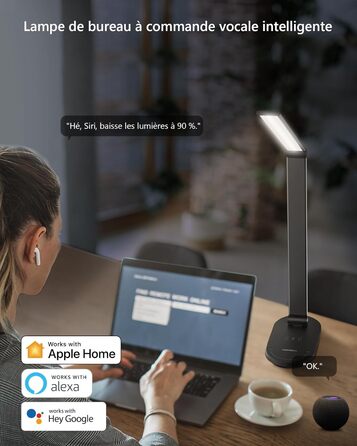 Світлодіодна лампа VOCOlinc Smart Desk Lamp з бездротовою зарядкою 10 Вт, сумісна з HomeKit/Alexa/Google Home, плавне затемнення, голос/додаток/сенсорне керування, з таймером, функцією пам'яті DL2202