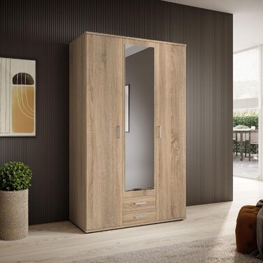 Елегантна 3-дверна шафа з великою кількістю місця для зберігання - Багатофункціональна шафа, дуб сонома, з дзеркальними дверима - 120 x 195 x 55 см, дуб сонома, 3-дверна, одинарна